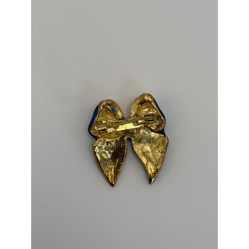 Vintage Gold Tone Blue White Polka Dot Enamel Bow Brooch Pin Small - Picture 4 of 5